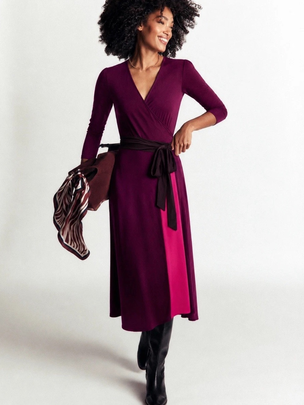 Boden Two-Tone Berry & Magenta Wrap Midi Dress with Black Tie